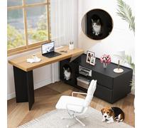 Biqzuya Bureau d'angle avec Niche intégrée,2 Compartiments,2 tiroirs,Plateau pivotant à 360°,Peut être installée en L ou en Position Droite,Bureau d'angle Informatique(B-Noir+Chêne)