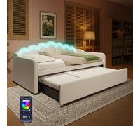 Biqzuya Canapé-lit Convertible 2 en 1 Extensible 90x200cm → 180x200cm | Velours Beige | Éclairage LED RGB 16 Couleurs | Sofa, Lit Simple & Double | sans Matelas