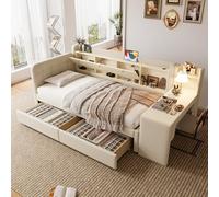 Biqzuya Canapé-lit Convertible 90x200 cm avec Bureau, 2 tiroirs, USB-C, Rangement abattant et Tablette - sans Matelas - Lin Beige