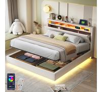 Biqzuya Lit 160x200 cm avec Mécanisme Hydraulique, Tête de Lit Réversible et Rangements | Cadre de Lit Flottant | USB, LED | Tissu Lin Beige | Design Élégant (sans Matelas Inclus)