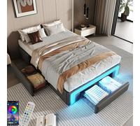 Biqzuya Lit 90x200 avec tiroirs, Lit Coffre 90x200 avec LED et Rangement, Lit 1 Personne avec à Lattes métalliques, Lit Plateforme sans Tete de lit Modernes, Cadre de lit en PU Gris(sans Matelas)