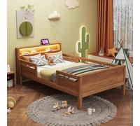 Biqzuya Lit Bebe en Bois 90 x 200 avec Petite lumière LED,Prise combinée USB et Type-C,tête de lit avec Fonction de Rangement,Cadre de lit Enfant 90 x 200 avec sommier à Lattes,pinède (Naturel)