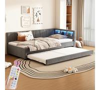 Biqzuya Lit Canapé-Lit Jour avec 90x200 cm Coffre de Rangement, Ports USB-C, LED Ambiance et Lit d'appoint Escamotable - Gris(sans Matelas)