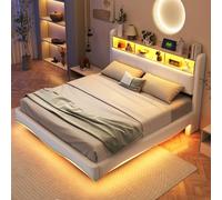 Biqzuya Lit Coffre Éclairage LED 140x 200 cm, Ports USB-C Charge Rapide + Rangement Multifonction Encastré, Tissu Lin Beige (sans Matelas)