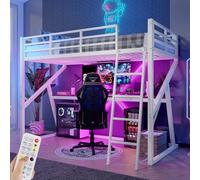 Biqzuya Lit Mezzanine 90x200 cm avec Bureau Intégré, Escalier, Barrière Sécurisée, Éclairage LED & Cadre Métal Noir Blanc- sans Matelas