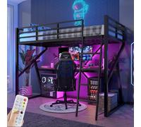 Biqzuya Lit Mezzanine 90x200 cm avec Bureau Intégré, Escalier, Barrière Sécurisée, Éclairage LED & Cadre Métal Noir - sans Matelas