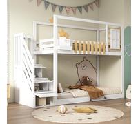 Biqzuya Lit Mezzanine 90x200 cm avec escalier, fenêtre et étagère - Cadre en pin Massif - lit superposé Enfant avec 3 tiroirs de Rangement intégrés à l'escalier, lit Enfant avec barreaux de sécurité