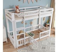 Biqzuya Lit Mezzanine 90x200 cm Pin et LVL avec Escalier Droit, Garde-Corps, Porte et Protection Anti-Chute - Espace Aménageable Libre Dessous -Blanc