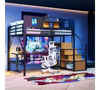 Biqzuya Lit Mezzanine en métal 140 x 200 cm avec escalier de Rangement, fenêtre, Plateaux en Bois et Filet, Garde-Corps surélevé Unique, Tablette de Chevet, Noir, sans Matelas