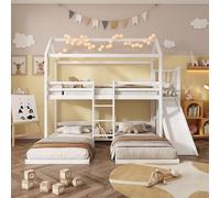 Biqzuya Lit Mezzanine Enfant 3 Places avec Toboggan - Lit Superposé avec Garde-Corps Sécurisé, Plateau Rangement et Toit Design - Matériau Pin et MDF Renforcé - Blanc - 90x200 cm