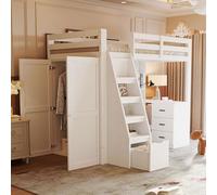 Biqzuya Lit Mezzanine Enfant avec Échelle Sécurisée à Rangements & Penderie Intégrée - Lit Cabane Superposé 90x200cm Bois Massif + MDF, nfant/Ado/Adulte (Blanc)