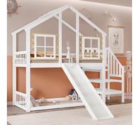 Biqzuya Lit Mezzanine Enfant avec Toboggan - Lit Cabane Superposé 90x200cm, écurité Renforcée + Fenêtres, Bois Massif + MDF