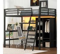 Biqzuya Lit Mezzanine Métal 140x200 cm avec Bureau Intégré, Escalier, Rangement, Port USB et Éclairage LED | Gain de Place Multifonctionnel, sans Matelas Inclus