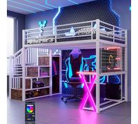 Biqzuya Lit Mezzanine Métal 140x200 cm avec Bureau, lit superposé avec Dressing, lit Enfant Échelle de Rangement, Étagères et Éclairage LED, Blanc, sans Matelas