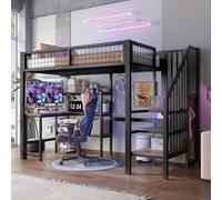 Biqzuya Lit Mezzanine Métal 90x200 cm avec Bureau, lit superposé avec étagères et Dressing intégré, lit Enfant 90x200 cm sans Matelas, Noir