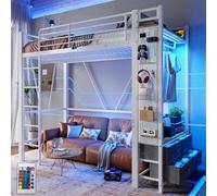 Biqzuya Lit Mezzanine Métal 90x200 cm, lit superposé avec LED, Prise USB-C, 4 Tiroirs, lit Enfant avec Barre de Séchage, Étagères, Échelle Intégrée, Garde-Corps & Panneau Perforé, sans Matelas