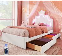 Biqzuya Lit Princesse Couronne avec Ambiance Lumineuse Télécommandée - Sommier Tapissier 140x200 cm - Tête de Lit Réglable, 2 Tiroirs de Rangement, sans Matelas, Blanc