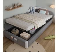 Biqzuya Lit Simple rembourré 90x200 avec Sac de Rangement,lit Coffre avec Espace de Rangement hydraulique,Cadre de lit Enfant avec sommier à Lattes Stable,Panneau latéral Gauche,Velours,Gris