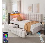 Biqzuya Lit Sofa Convertible 90x200 cm avec Tiroirs de Rangement, Lampe de Chevet LED et Ports USB/USB-C | Multifonctionnel pour Enfant | Canapé-Lit 1 Place Beige (sans Matelas)