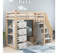 Biqzuya Lit Superposé 90x200 cm avec Commode à Tiroirs de Rangement, Étagères, Escalier Sécurisé et Tiroirs de Stockage | Lit Multifonction en Bois Massif | Couleur Bois Naturel | sans Matelas