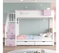 Biqzuya Lit Superposé Enfant 90x200 cm avec Tablette Amovible, Échelle de Sécurité, Tiroirs de Rangement, Sommier à Lattes, Lit Mezzanine Idéal pour Chambre d'enfants (Rose + Blanc 90x200)