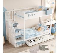 Biqzuya Lit Superposé Enfant 90x200 cm avec Tablette Amovible, Échelle de Sécurité, Tiroirs de Rangement, Sommier à Lattes, Lit Mezzanine Idéal pour Chambre d'enfants (Bleu + Blanc 90x200)