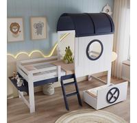 Biqzuya Lit Superposé Mi-Haut Maisonnette avec Toit et Fenêtre, Tiroir à roulettes, Échelle Inclinée 2 Marches, Pin+MDF+Contreplaqué, Blanc+Bleu Foncé, 90x200cm