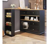 Biqzuya Table Bar Extensible avec Rangement (125-181 x 39 x 104.5 cm) - Îlot de Cuisine Moderne à Plateau Rotatif 360° - Meuble TV/Multifonction avec Étagères et Portes en Verre,Noir