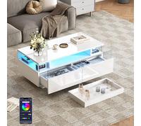 Biqzuya Table Basse Blanche Brillante avec Plateau et LED - 2 Tiroirs en Verre Trempé - 90 x 45 x 35,5 cm - Design Moderne pour Salon
