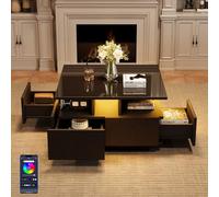 Biqzuya Table Basse Lumineuse LED Design Moderne - 70x70x40 cm - Noir Brillant - 4 Tiroirs, Portée Géométrique, Capacité 30kg - pour Salon/Sofa