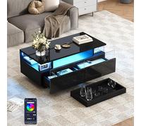 Biqzuya Table Basse Noire Brillante avec Plateau et LED - 2 Tiroirs en Verre Trempé - 90 x 45 x 35,5 cm - Design Moderne pour Salon