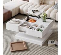 Biqzuya Table Basse Relevable Multifonction 75,5x75,5x38 cm - 4 Casiers de Rangement - Plateau Amovible - Design Géométrique - Blanc & Bois Naturel - Salon/Séjour Moderne