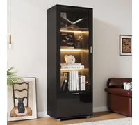 Biqzuya Vitrines Noires Brillantes avec Portes en Verre, vitrines en Verre éclairées par LED, vitrines pour Objets de Collection, armoires à parfums,avec Portes Noires Brillantes (3 étagères)