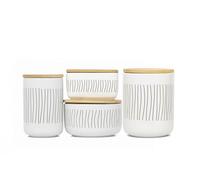 Birambeau Lot 4 Bocaux Cuisine Céramique avec Couvercle Bambou Hermétique - Pots de Conservation Alimentaire et Rangement Salle de Bain - 300 à 800 ml - Design Blanc