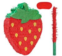 Birchio Kit de pinatas à la fraise avec bandeau pour les yeux et chauve-souris (41,5 x 30,5 x 8,9 cm), parfait pour les anniversaires d'enfants, les fêtes à thème des fruits, les décorations