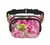 Bird in Peach Tree Sac banane carré double couche avec impression intégrale, tissu sergé durable, sac banane multi-poches pour sports de plein air voyage