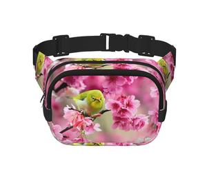 Bird in Peach Tree Sac banane carré double couche avec impression intégrale, tissu sergé durable, sac banane multi-poches pour sports de plein air voyage