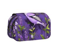 Bird In Purple Lavender Floral Flowers Print Trousse à stylos double coquillage Poches zippées Grande capacité pour fournitures d'art et voyage