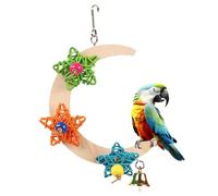 Bird Perch, Crescent Shape Wooden Chewable Parrot Stand with Bell Star Hanging Decor and Durable Natural Wood Design, Interactive Cockatiel Perch Toy for Conure Lovebird Canary Macaw African Grey