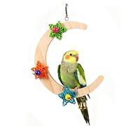 Bird Perch, Crescent Shape Wooden Chewable Parrot Stand with Bell Star Hanging Decor and Durable Natural Wood Design, Interactive Cockatiel Perch Toy for Conure Lovebird Canary Macaw African Grey