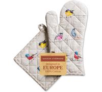 Birdies on Wire Set of Oven Gloves (19cm x 33cm) and Pot Holders (20cm x 20cm) 100% Cotton for Barbecue,Baking,Oven,Microwave,Grilling,Spring/Summer,Easter