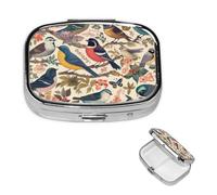 Birds in My Garden Pilulier carré portable à 2 compartiments pour poche ou sac à main Petit planificateur hebdomadaire de médicaments de voyage avec miroir décoratif en métal Porte-vitamines Cadeau