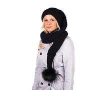 Birendy AA Bonnet, taille XXL , bonnet à pointe avec écharpe, grand pompon en fourrure synthétique, pour l'hiver Extra long avec doublure en polaire douce., Noir , taille unique