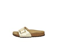 Birkenstock Sandales pour femme, modèle Catalina, tige en birko-flor, ouverture Slip-on boucle en métal, intérieur en cuir, semelle en liège, semelle en Eva, ajustement serré, couleur perle, Blanc, 36