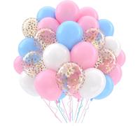 Birthday Balloons, Blue, Pink, White, Gold, 52 Pieces, Blue Pink Balloons, Baby White, Light Blue, Light Pink, Gold Confetti Balloons For Boy Or Girl Baby Shower, Birthday, Wedding, Christening Party