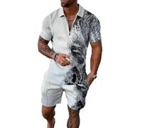BIRW Ensemble court 2 pièces pour homme, polo, tendance, été, survêtement décontracté, ensemble à manches courtes et short pour homme, Vagues de l'océan mixtes blanches, 3X-Large