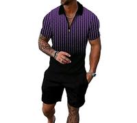 BIRW Ensemble court 2 pièces pour homme - Tenue polo tendance d'été - Survêtement décontracté à manches courtes et short pour homme, Mélange de blocs noirs et violets, 3X-Large