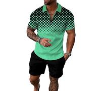 BIRW Ensemble court 2 pièces pour homme - Tenue polo tendance d'été - Survêtement décontracté à manches courtes et short pour homme, Mélange de pois noirs Aurora verts, Large