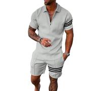 BIRW Grey White with Three Black Lines M Mens Short Sets 2 Piece Outfits Polo Shirt Fashion Summer Tracksuits Casual Set Short Sleeve and Shorts Set for Men