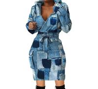 BIRW Robe sweat-shirt moulante, décontractée, à manches longues, taille haute, avec cordon de serrage et poches pour femmes, 2024, Imprimé denim épais, Taille M